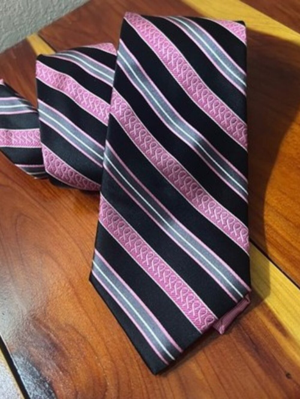 Real Men Wear Pink by Diane Katzman 100% Silk Tie Black Striped Breast Cancer